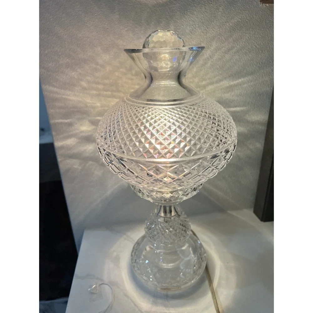 Waterford Signed Alana Cut Crystal Inishmaan Electric Hurricane Lamp 2-piece 14